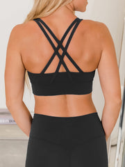 Solid Fitness Yoga Suit Criss Cross Back Sports Bra & Leggings