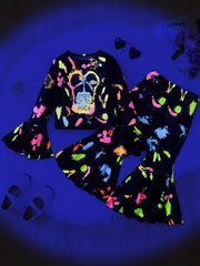 Girl's Trumpet Sleeve Top & Flared Pants Set Colorful Paint Print Outfits