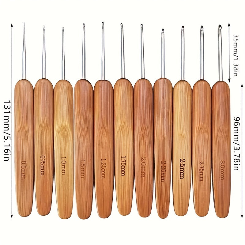 11pcs Bamboo Crochet Hooks Aluminum Head Soft Grip Needles
