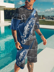Fish Pattern Mens 2 Piece Outfits Short Sleeve T shirt And Casual Shorts Set