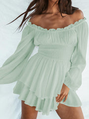Off Shoulder Ruffle Trim Jumpsuit Solid Lantern Sleeve