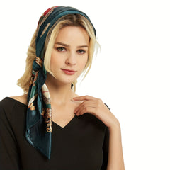 Plaid Army Green Silk Square Scarf Large Shawl Women Headwrap Hair Accessory