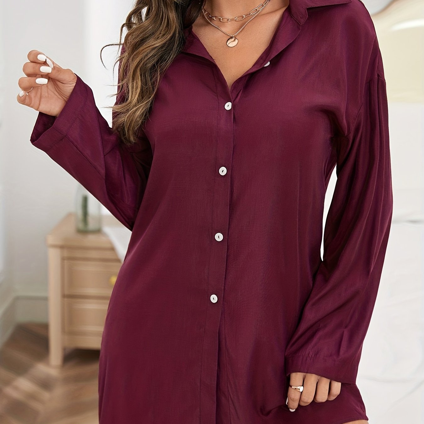 Solid Buttons Nightdress Sexy Long Sleeve Sleep Dresses