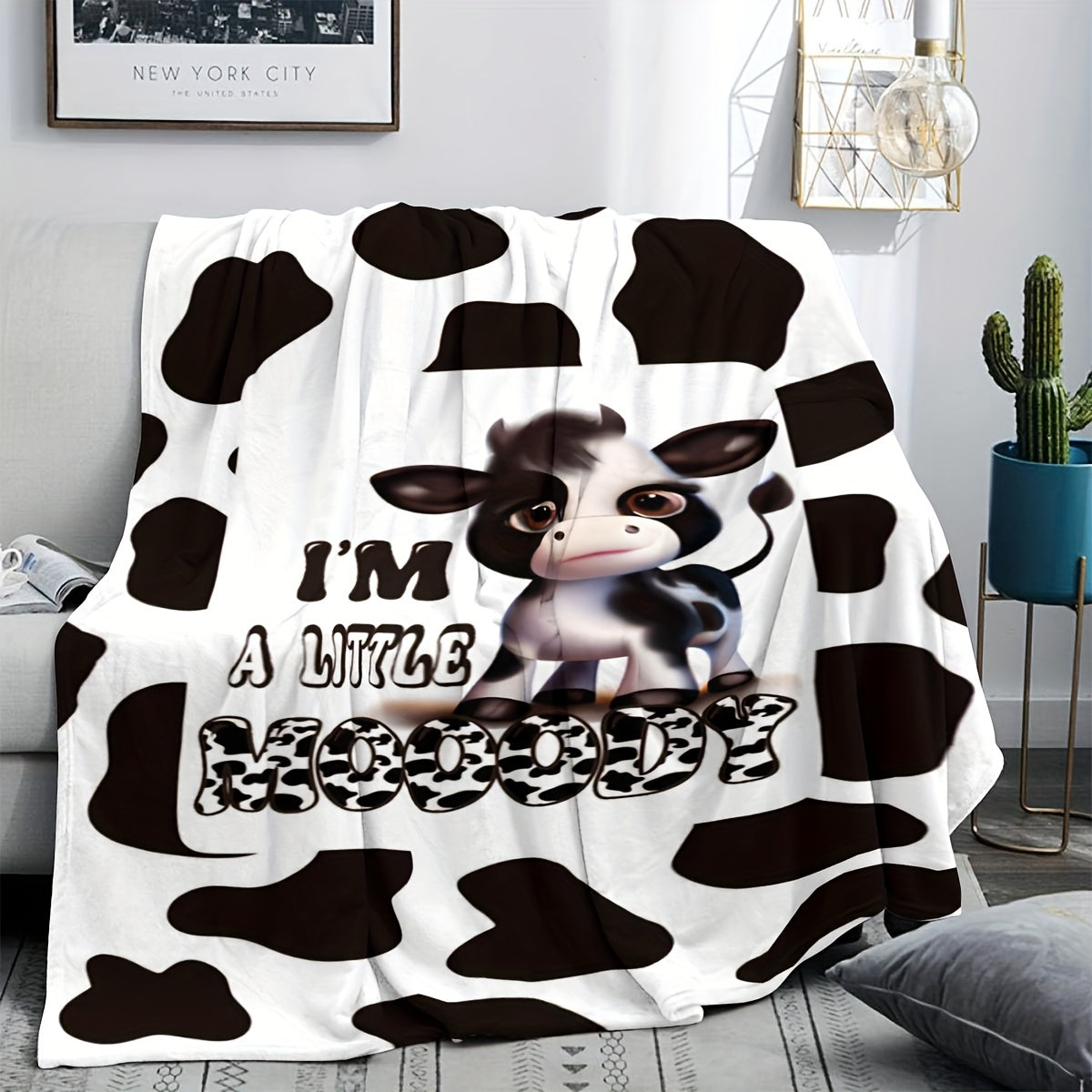 1pc Cow Printed Warm Blanket for Home & Outdoor Use