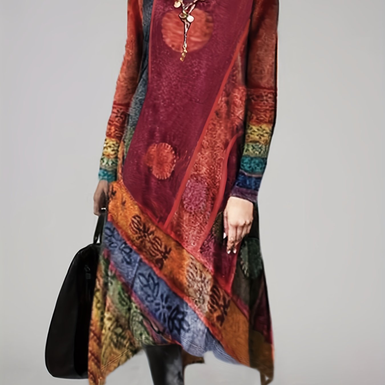Boho Dress Women's Plus Colorblock Long Sleeve Dress
