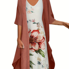 Floral Print Tank Dress & Open Front Coat Set