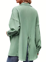Ribbed Button Up Long Sleeve Blouse