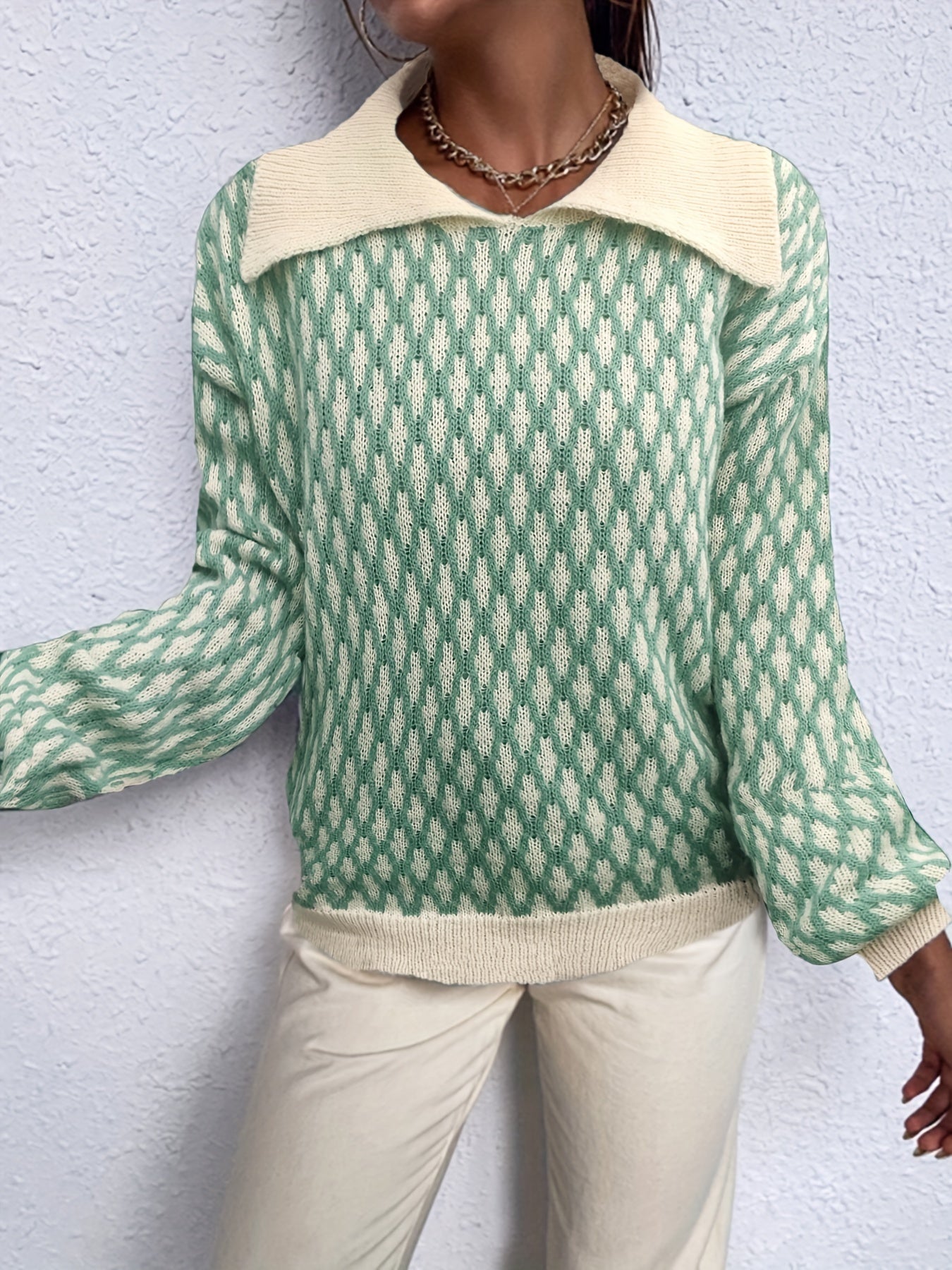 Allover Pattern Flat Collar Pullover Sweater Women's Clothing