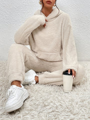 Solid Teddy Two piece Set Long Sleeve Hooded Tops & Warm Pants Outfits