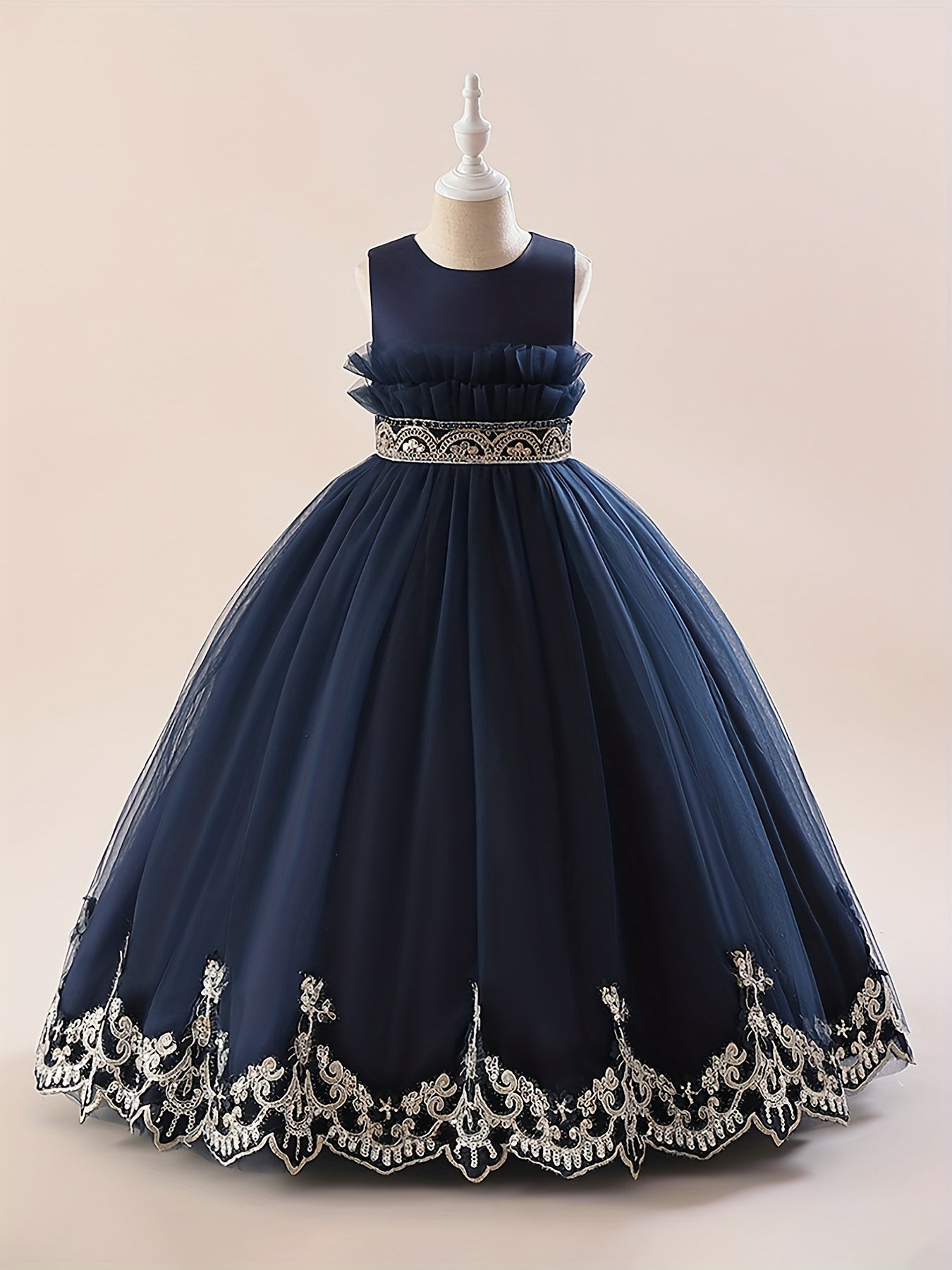 Girls Princess Dress Floral Embroidered Sequin Tulle Ball Gown