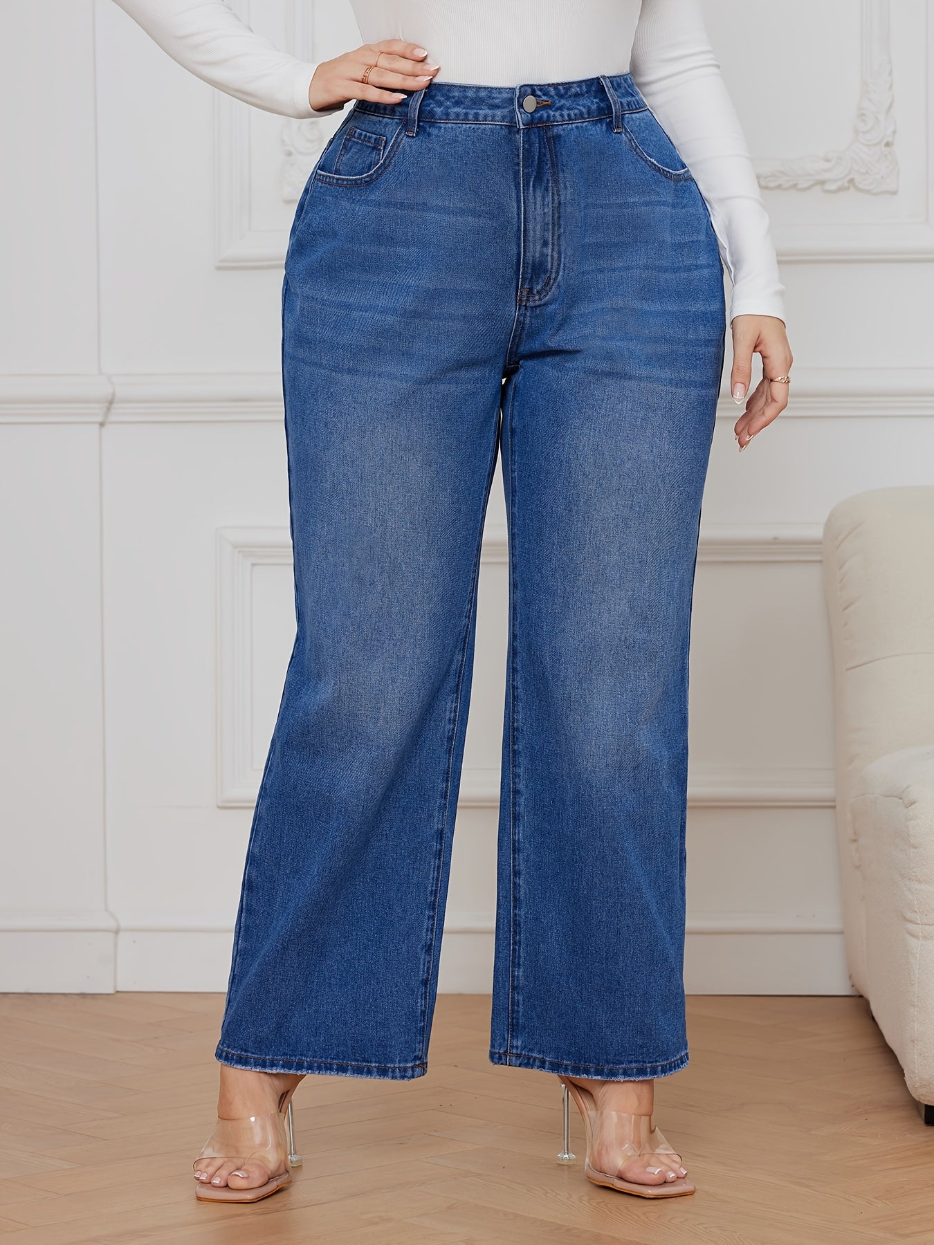 Solid Button Fly High Rise Wide Leg Jeans