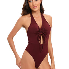 Ruched Halter Neck Bodysuit Sexy Sleeveless Drawstring Backless Slim Bodysuit