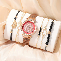 Digital Rhinestone Quartz Watch & 5pcs Bead Bracelet Set