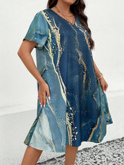 Women's Plus Marble Print V Neck Loose Fit Knee Dress