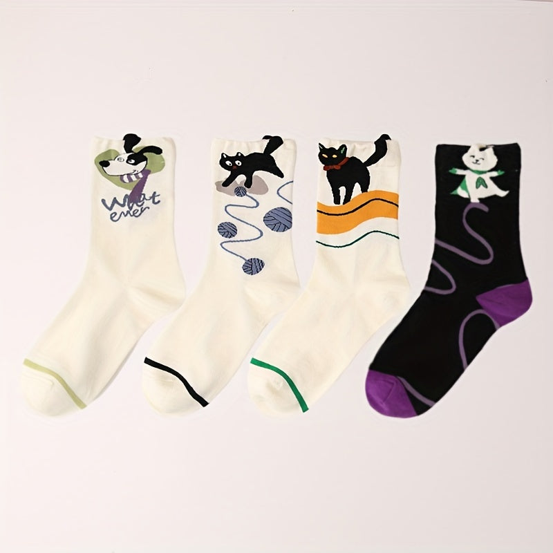 4 Pairs Cartoon Cat & Dog Print Socks Women's Stockings