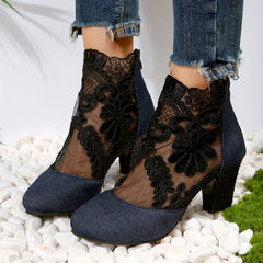 Floral Lace Ankle Boots Chunky Heeled Sandals Dress Heeled Boots