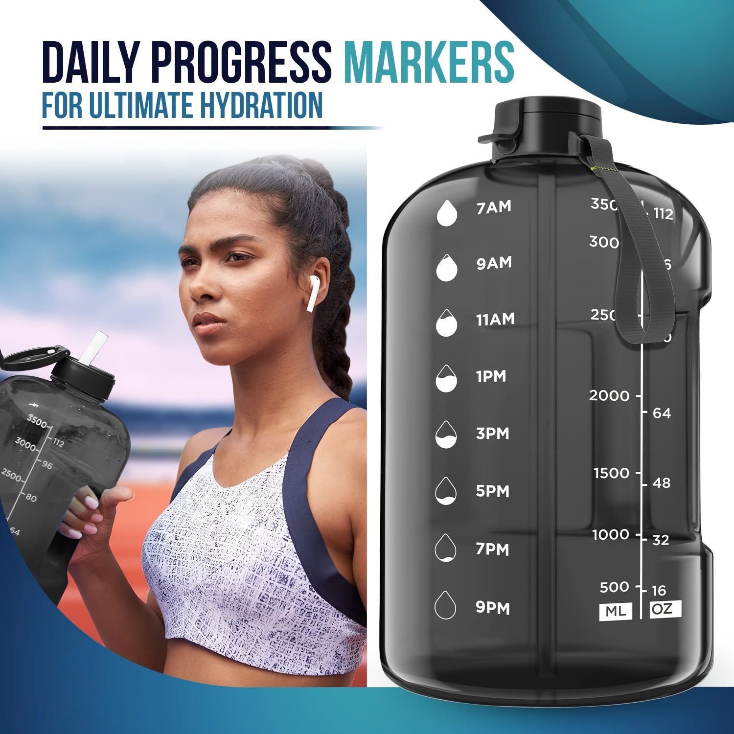 128oz Water Bottle With Time Marker & Straw - Leakproof