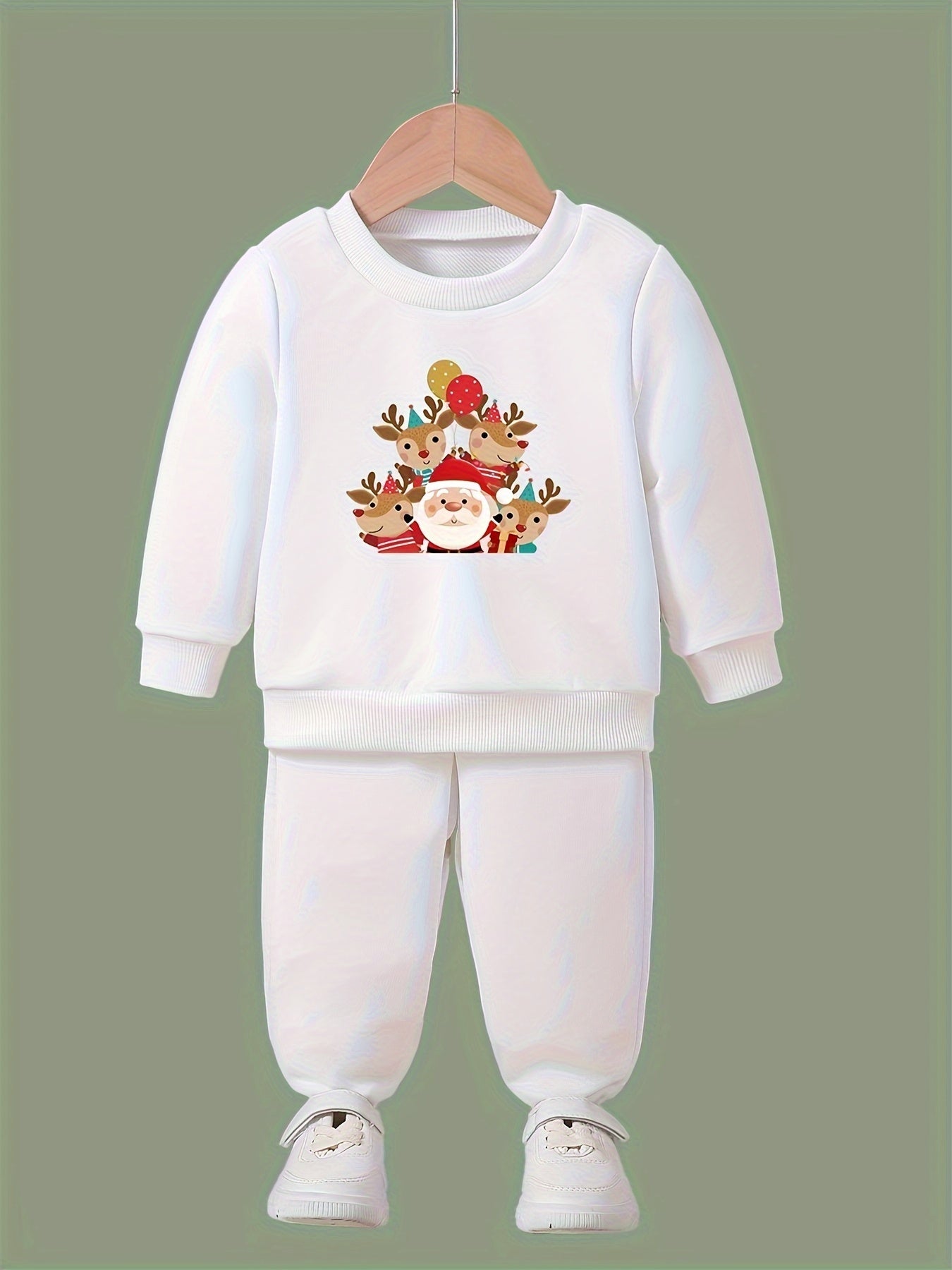 Girls 2pc Santa & Deer Pattern Crew Neck Sweatshirt & Solid Sweatpants Set