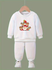 Girls 2pc Santa & Deer Pattern Crew Neck Sweatshirt & Solid Sweatpants Set
