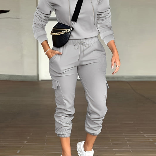 Women's Solid Hoodie & Cargo Joggers Set