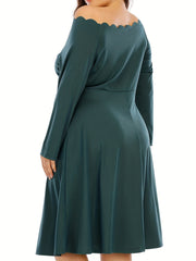 Casual Dress Women's Plain Long Sleeve Scallop Trim Boat Neck Dress