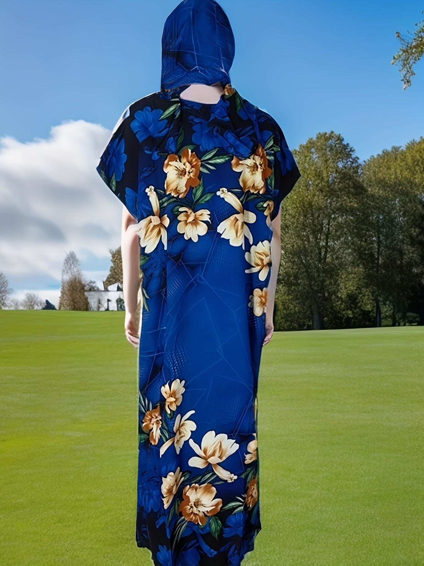 Floral Print Embroidered Bat Sleeve V Neck Maxi Jalabiya Dress