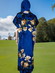 Floral Print Embroidered Bat Sleeve V Neck Maxi Jalabiya Dress