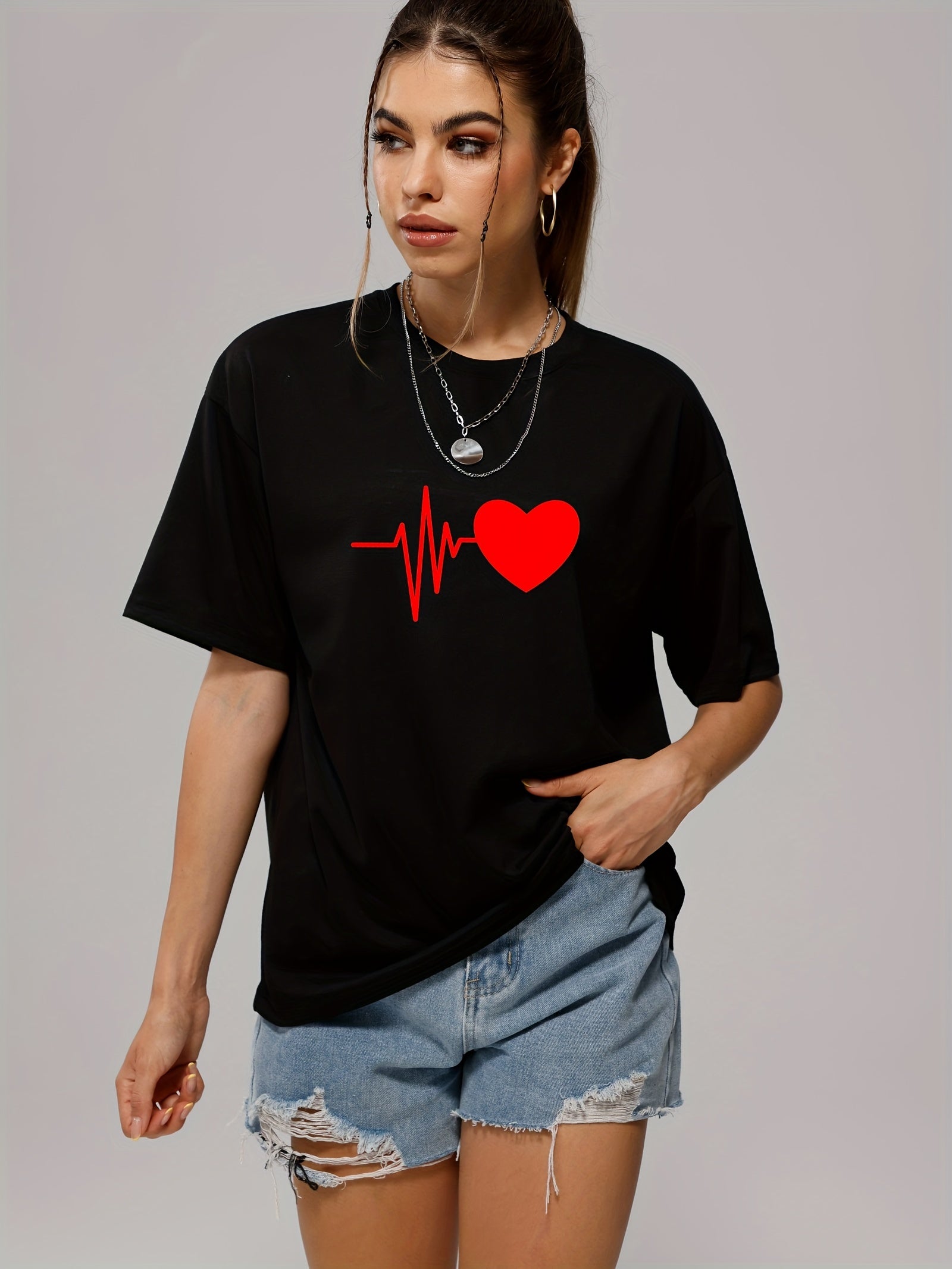 Solid Heart Casual T Shirt Crew Neck Short Sleeve Sports Top Women's Clothing