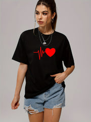 Solid Heart Casual T Shirt Crew Neck Short Sleeve Sports Top Women's Clothing
