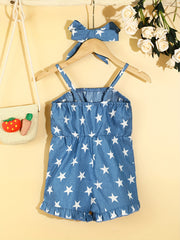 Girls Stars Print Off Shoulder Romper Jumpsuit
