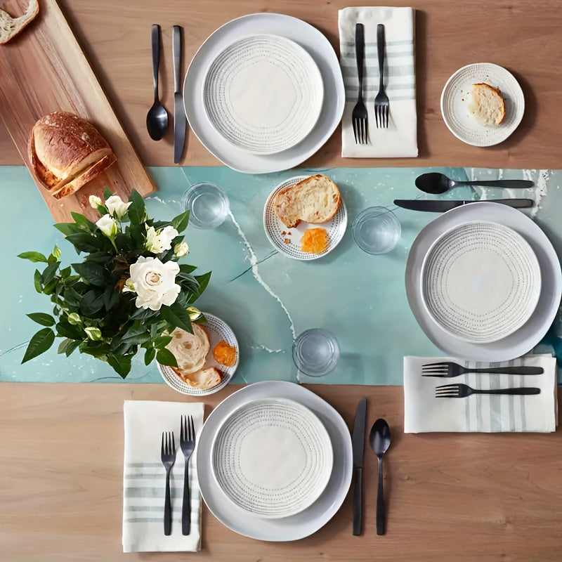 Aqua Marble Texture Linen Table Runner 33x182 cm