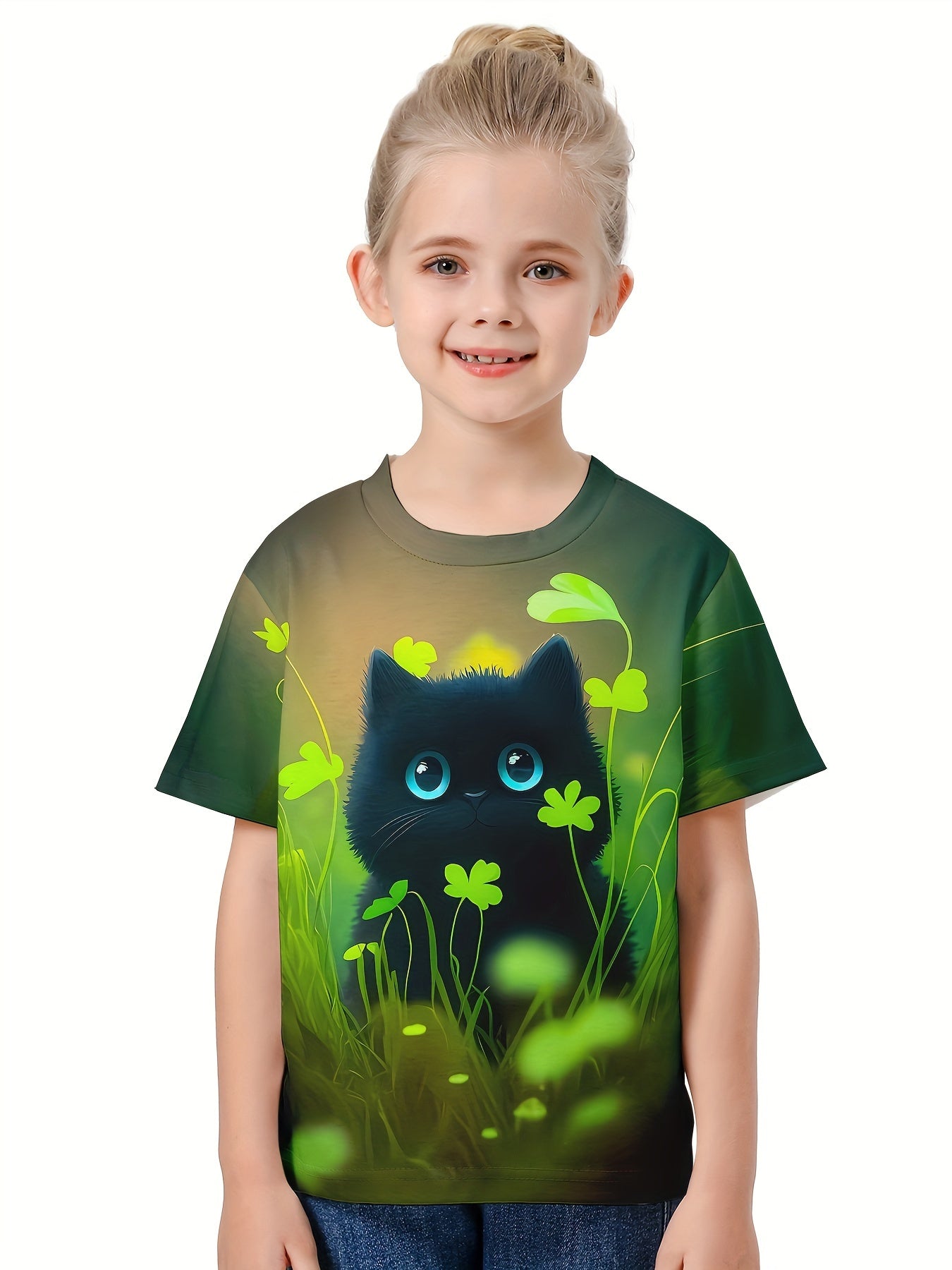 Girls Boys 3D Cat & Shamrock Graphic Tee Top