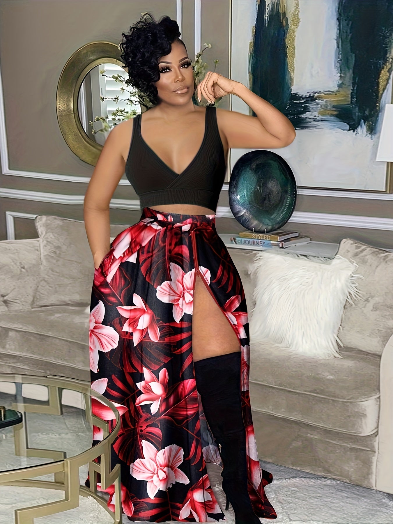 Vintage Floral Print Maxi Skirt with Split Thigh