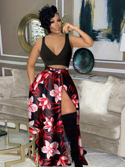 Vintage Floral Print Maxi Skirt with Split Thigh