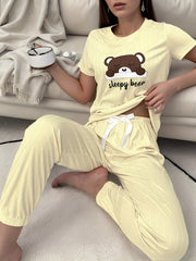 Cartoon Print Lounge Set Short Sleeve Crew Neck Top & Elastic Waistband Pants