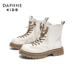DAPHNE Girls Winter Fleece Boots Lace Up Leather Ankle Boots