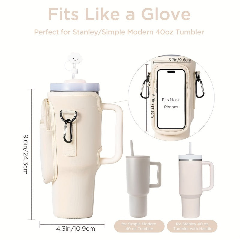 Water Cup Carrier Bag For 40oz Tumbler With Phone Pocket, Adjustable Sling