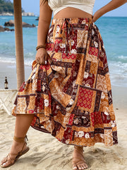 Patchwork Print Maxi Skirt with Ruffle Trim