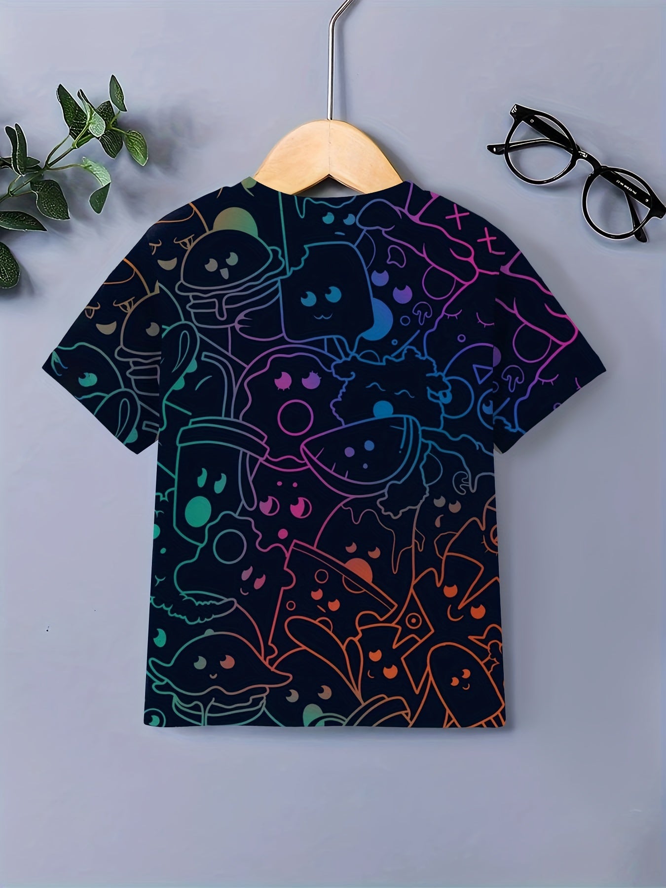 Gradient Cartoon Line Print Boy's Casual Short Sleeve T-shirt