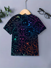 Gradient Cartoon Line Print Boy's Casual Short Sleeve T-shirt