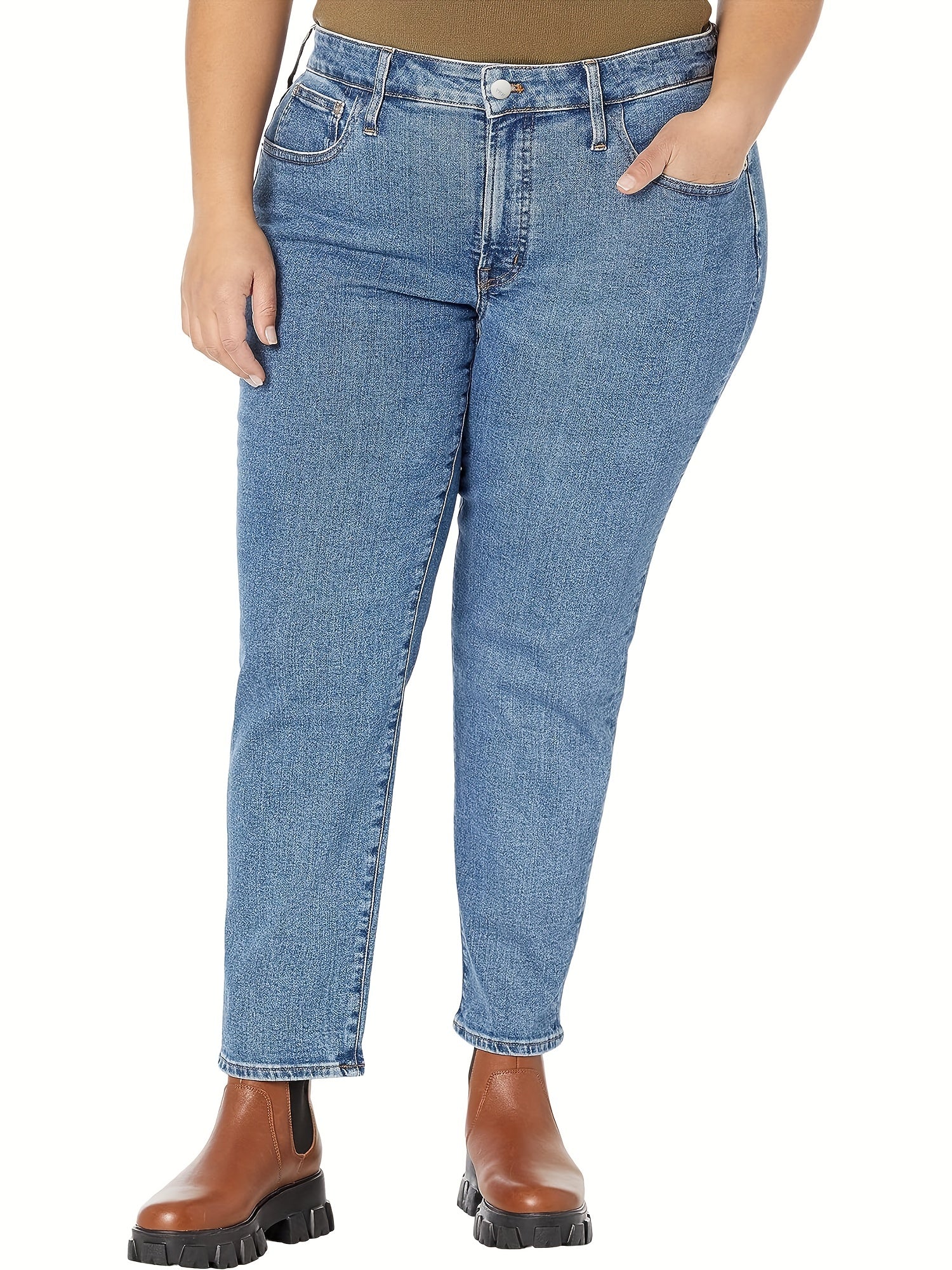 Solid Button Fly Stretch Straight Leg Jeans