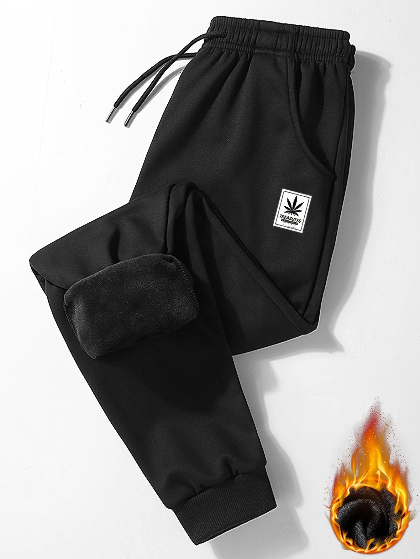Leaf Print Men's Drawstring Fleece Sweatpants for Autumn Winter