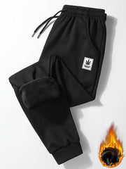 Leaf Print Men's Drawstring Fleece Sweatpants for Autumn Winter