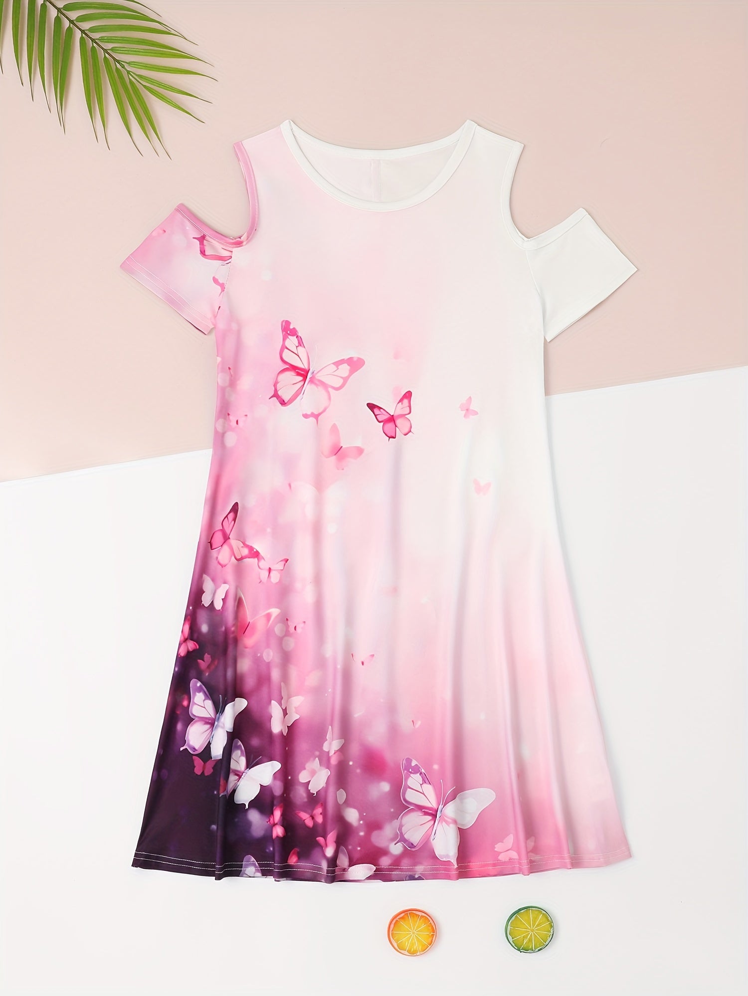 Dreamy Butterfly Graphic Cold Shoulder Short Sleeve Dress Girls Summer Clothes