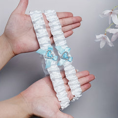 Bridal Elastic Crinkle Band Sock Strap Set Rhinestone Bowknot Ribbon Leg Band