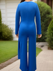 Casual Jumpsuit Solid Long Sleeve Surplice Neck Wide Leg Jumpsuit