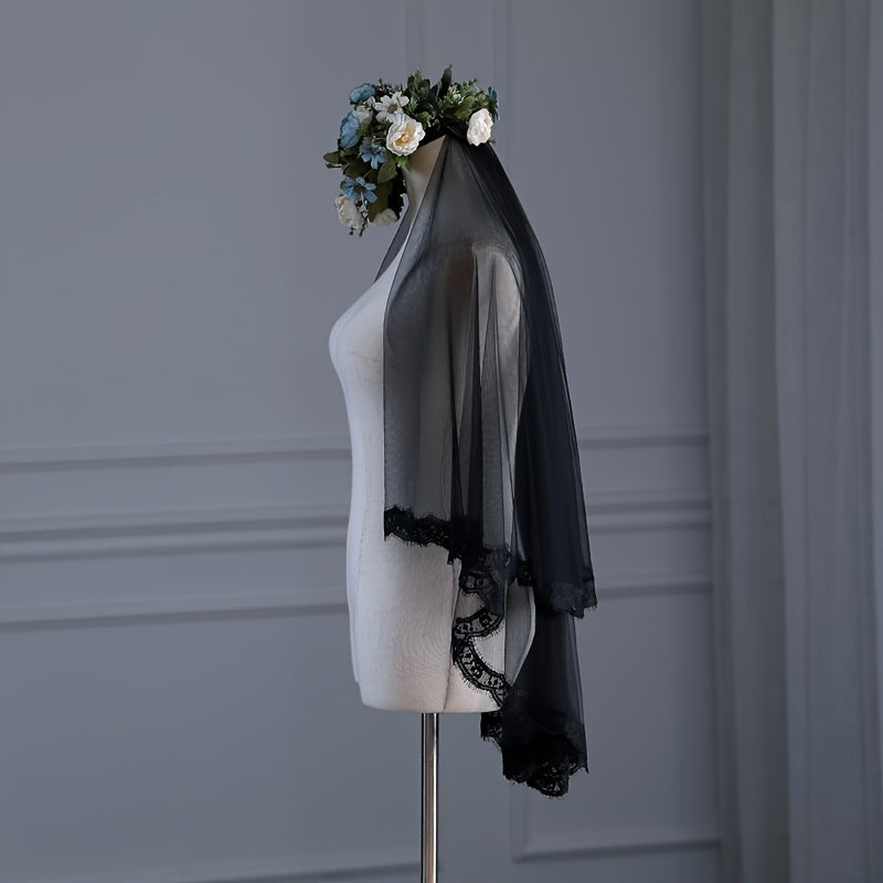Romantic Floral Bridal Veil with Lace Trim for Brides