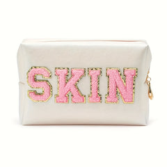 Plush Letter Patched Makeup Pouch Travel Toiletry Bag