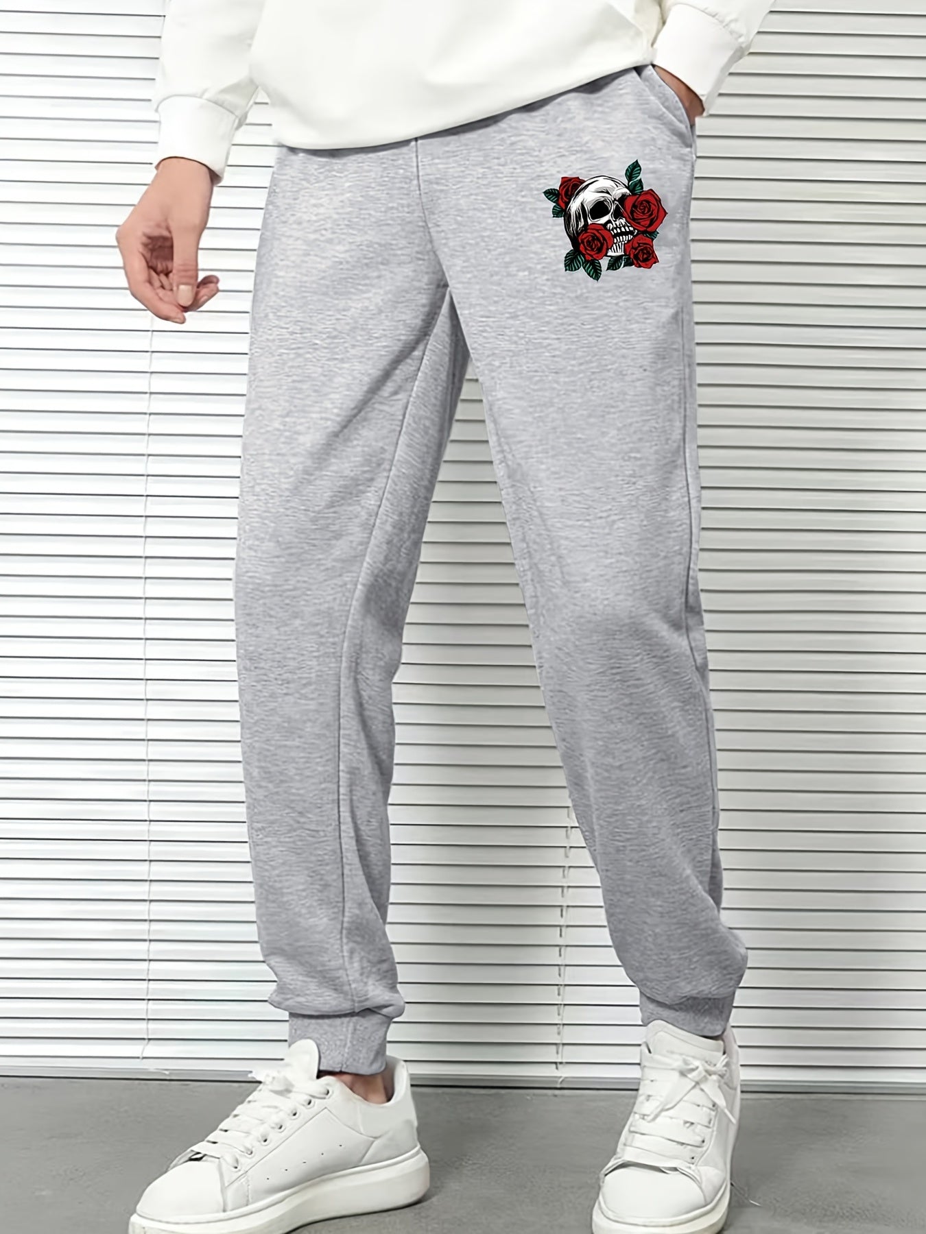 Skull And Rose Print Men's Sweatpants Drawstring Casual Solid