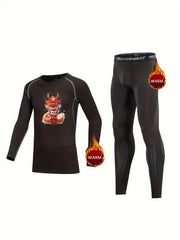 2pcs Kids Compression Fleece Sets Cartoon Pattern Crew Neck Pullover